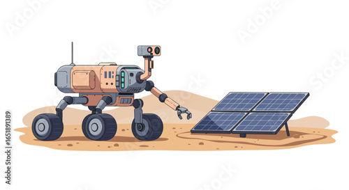An advanced robotic rover stands alongside a solar panel array on a desolate alien planet surface.