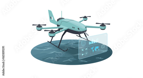 A modern teal drone with four propellers hovers over a dark blue surface, displaying a holographic screen with digital data and a world map.