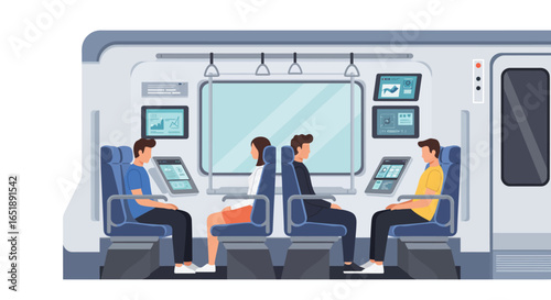 Passengers seated inside a modern train car, observing digital screens displaying information and data.