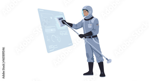 A person in a futuristic suit interacts with a transparent digital interface using a long tool.