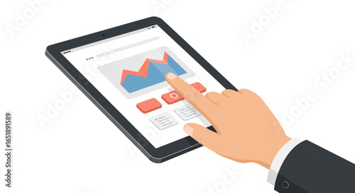 A human hand interacting with a digital tablet, featuring a prominent line graph and other data visualization elements on its screen, set against a clean white background.