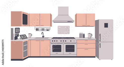 A modern kitchen interior featuring light pink cabinets, a white countertop, and stainless steel appliances, presented as a clean vector illustration.