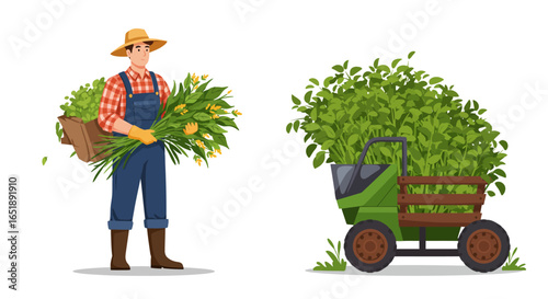 A male farmer in a straw hat and overalls holding a large bundle of corn stalks and carrying a crate, alongside a green utility cart overflowing with fresh green leaves.