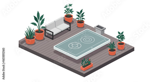 Isometric illustration of a modern rooftop terrace featuring a hot tub, comfortable sofa, and various potted green plants, creating a relaxing urban oasis.