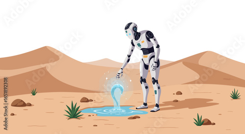 A humanoid robot bends down in a desolate desert, seemingly creating or replenishing a small puddle of water with a glowing blue stream from its hand.