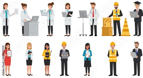 A diverse collection of cartoon professional characters, including doctors, construction workers, and business people, depicted in various poses and roles.