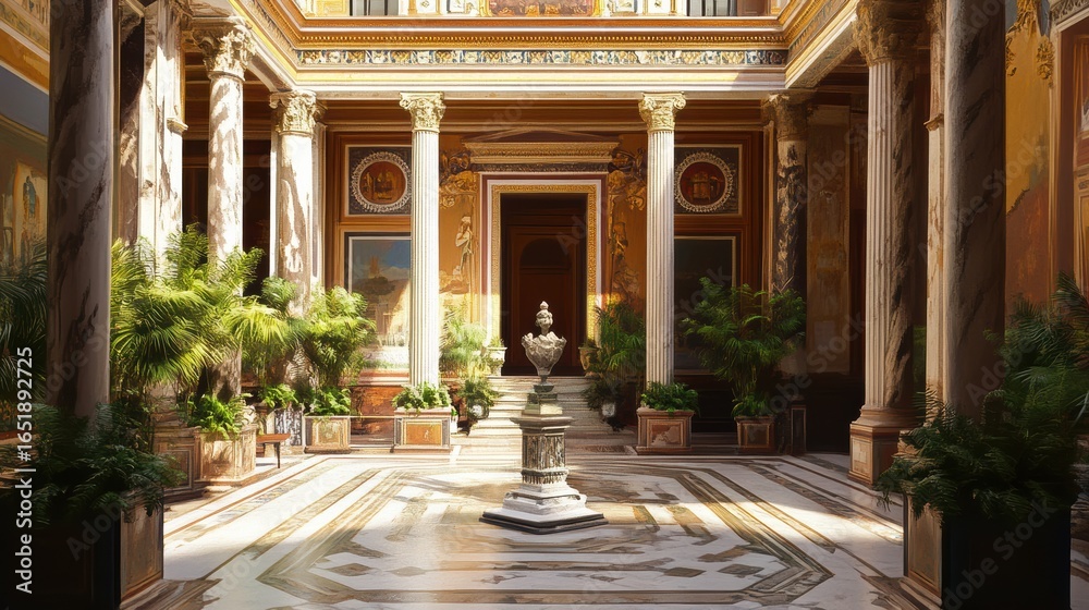 Naklejka premium Historic Roman atrium with sculpture center 