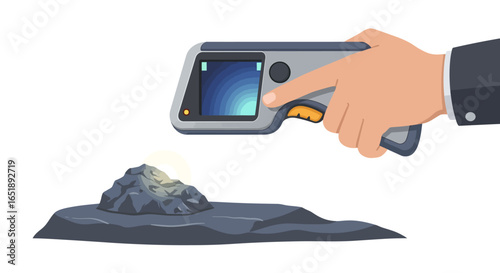 A human hand operating a handheld scanner over a pile of dark, raw material, possibly coal or ore, for analysis.