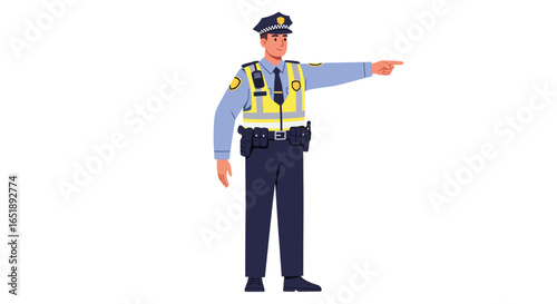 A male police officer in uniform with a reflective vest is standing and pointing his arm to the side.