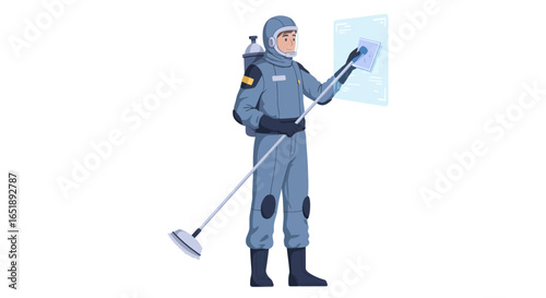 An illustration of a person in a full protective hazmat suit with a backpack, wiping a glowing blue transparent panel and holding a long-handled cleaning tool.
