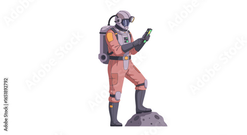 A futuristic explorer in an advanced suit stands on a rocky terrain, intently examining a glowing green handheld device.
