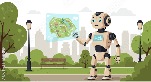 A friendly robot displays a holographic map in a modern city park setting.