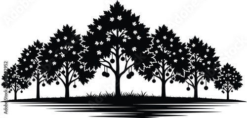 Apple tree orchard silhouette, a picturesque landscape illustration perfect for agricultural designs, seasonal themes, and artistic representations of rural scenery