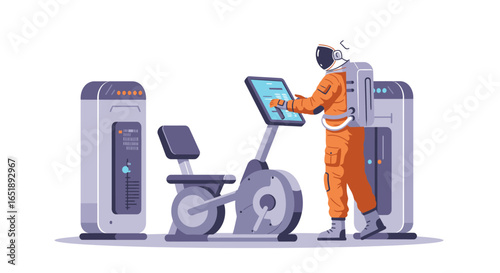 Astronaut in orange spacesuit operating a futuristic recumbent exercise bike with advanced consoles.