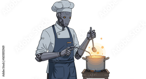 A futuristic robot chef expertly stirs a glowing pot of food on a small stove.