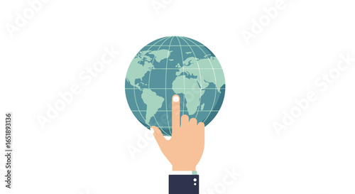 An illustrated hand with an index finger touching a stylized blue and green world globe, symbolizing global connection or digital interaction.