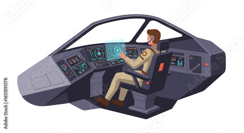 A male pilot in a futuristic cockpit operates advanced holographic controls within a sleek, high-tech vehicle.