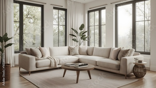 Modern living room with white sofa and large window