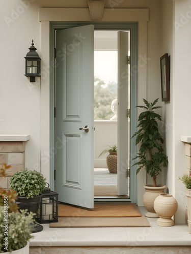 The inviting front door of a modern farmhouse, painted sage green and left slightly ajar.