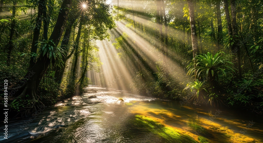 Fototapeta premium Sunlit Forest River: Dramatic Light Beams Through Lush Green Canopy