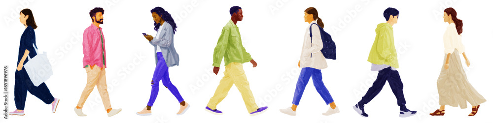Naklejka premium Young people dressed casually are walking around doing various activities. Illustration graphic design