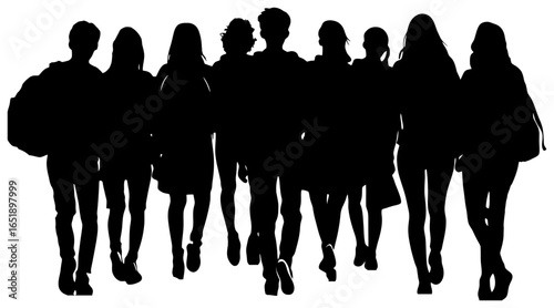 Silhouette of Group of Students Walking in Hallway with Backpacks