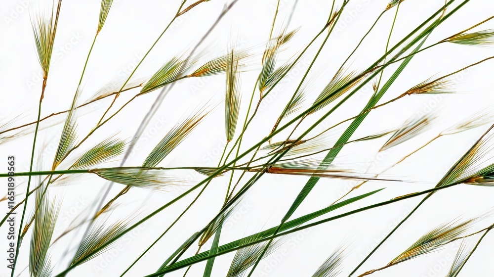 Naklejka premium Delicate grass blades swaying gently against a white background, showcasing the beauty of nature's simplicity.