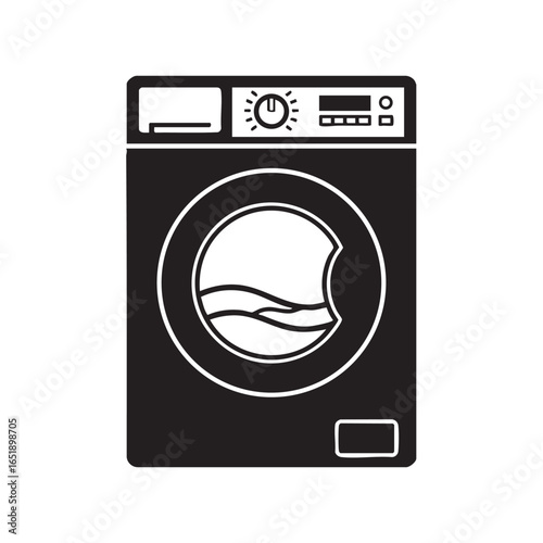 Front loading washing machine appliance symbol in black and white household laundry equipment for cleaning clothes for laundromat illustration