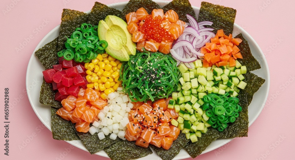 Fototapeta premium Plate of vibrant poke nachos with seaweed chips, fusion snack for healthy meal preparation