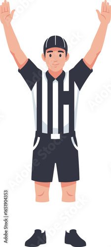 A cartoon illustration of a sports referee signaling a call with arms raised.