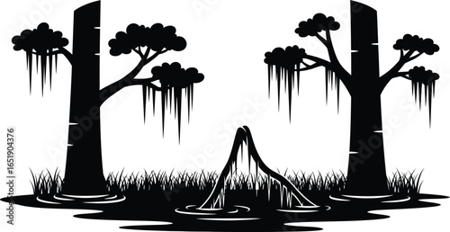 Silhouette of a swamp, capturing the essence of nature with its cypress trees and spanish moss, perfect for adding a touch of bayou to any design