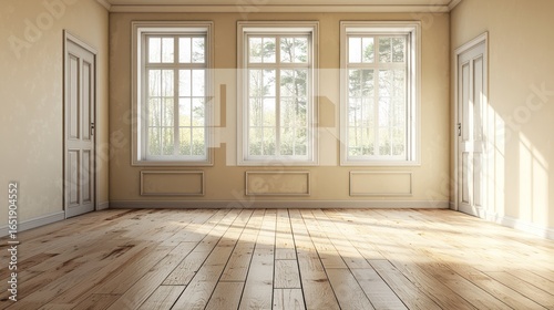 Wallpaper Mural A spacious, empty room with wooden floors and large windows, featuring a beige color scheme and natural light. Torontodigital.ca