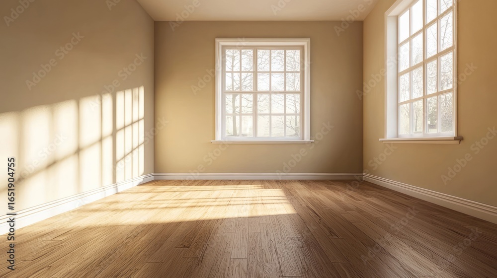 Fototapeta premium A spacious, empty room with wooden floors and large windows, illuminated by natural light.