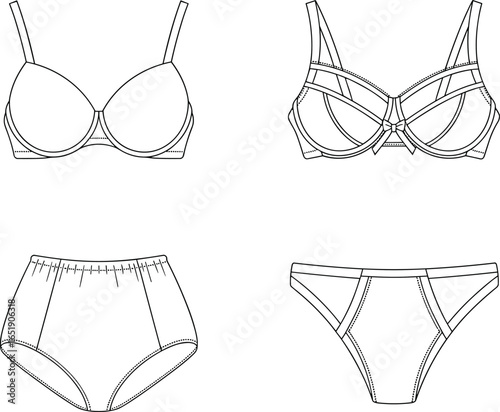 Women’s lingerie set vector illustration, bra and panties flat sketch, fashion underwear design, intimate apparel drawing, stylish undergarments, modern lingerie collection, apparel technical drawing