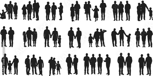 Large family silhouette collection, parent and child poses, walking people, family bonding scenes, holding hands, outdoor family vector, parenting love, relationship illustration set
