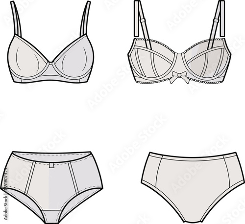 Women's lingerie set illustration, bra and panties design, underwear collection, fashion flat sketch, intimate apparel, modern lingerie style, sexy undergarments, vector fashion design