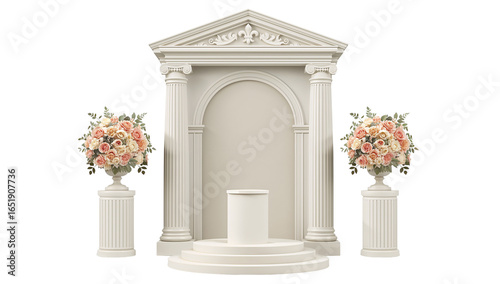 Elegant wedding ceremony setup with floral accents against a black backdrop