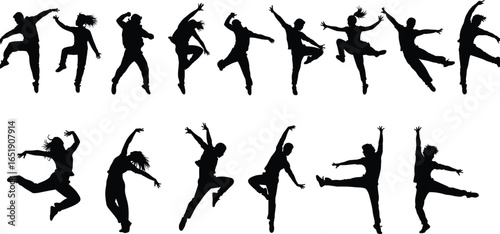 Dancer silhouettes collection, jumping poses, expressive movement, female dancers, modern choreography, artistic performance, isolated figures, contemporary dance, stage motion, elegant dance form,