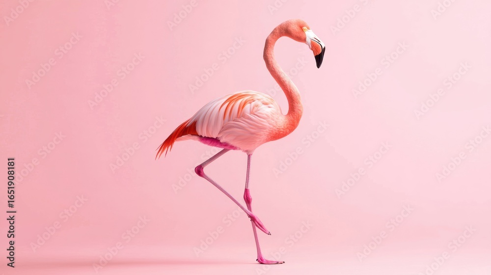 Fototapeta premium A pink flamingo standing on a pink background.