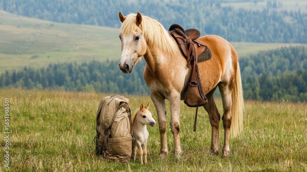 Obraz premium A horse and a dog standing in a grassy field with a backpack and a small dog next to it.