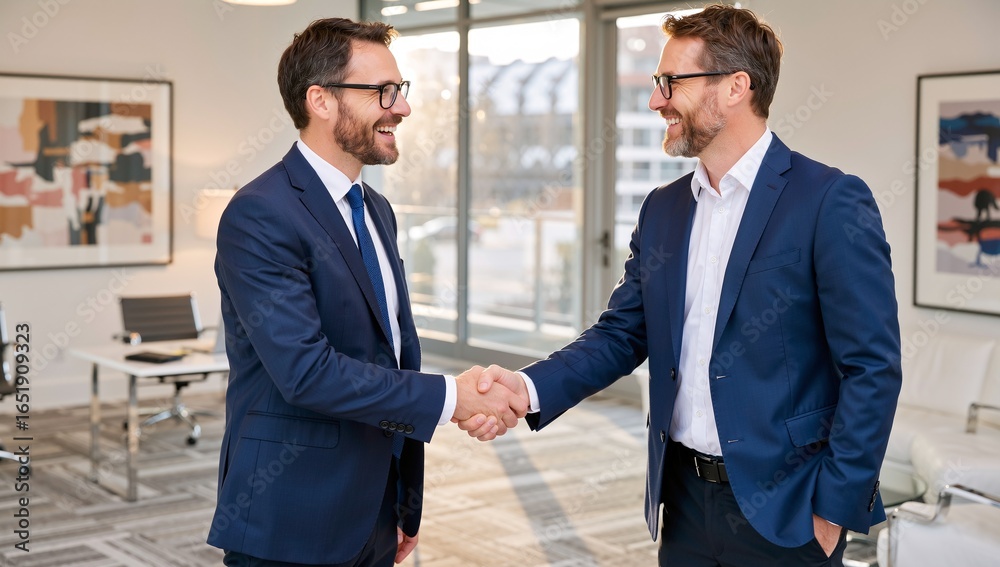Two businessmen in navy suits shake hands with smiles, celebrating a successful deal in a modern office. Two businessmen in navy suits shake hands with smiles, celebrating a successful deal in a modern office.