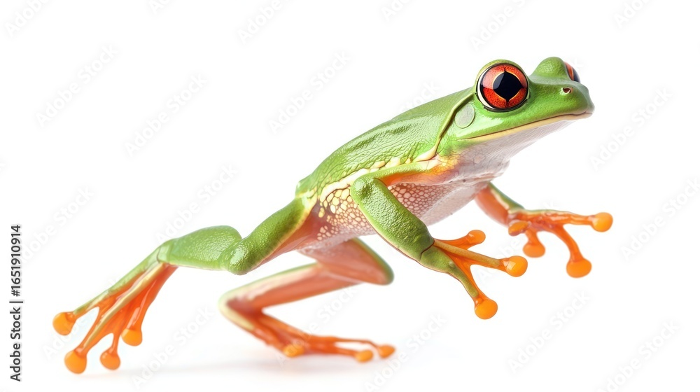 Obraz premium A red-eyed tree frog, Agalychnis callidryas, in front of a white background.