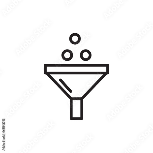 Minimalist Line Art of a Funnel with Falling Circles on White Background for Filtering and Data Analysis Concepts