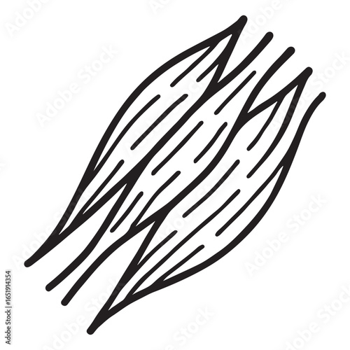 Black ink drawing of three parallel leaf shapes with internal lines leaves plant