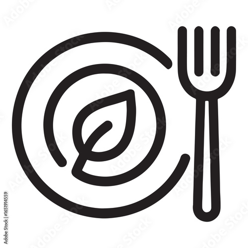 Black line art of a plate with leaf and fork icon food