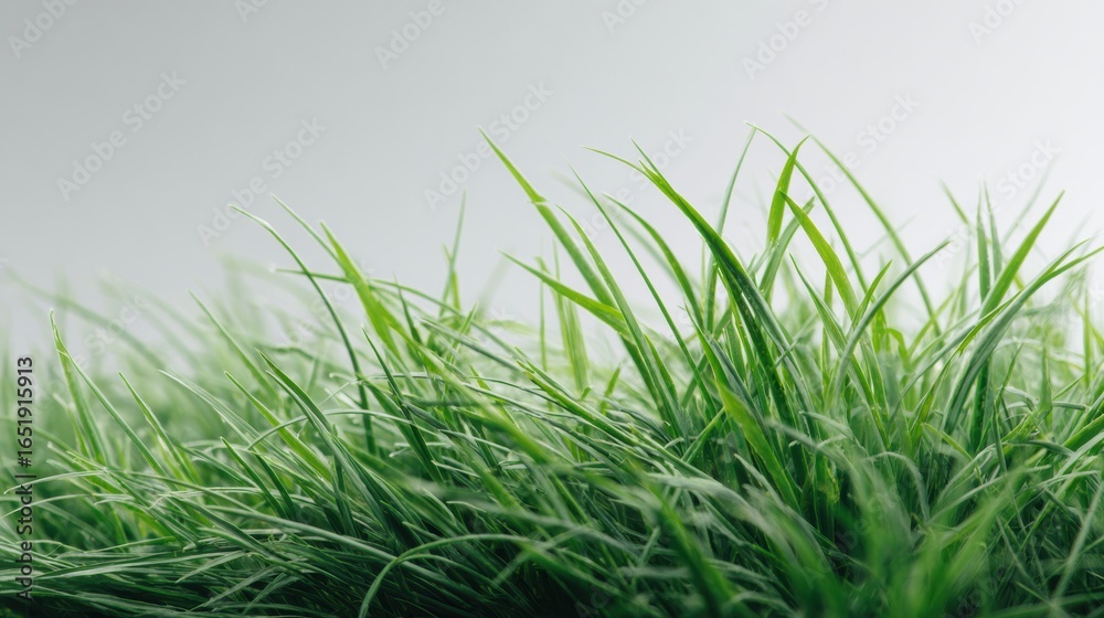 Obraz premium Vibrant green grass blades swaying gently in the breeze under a serene, softly illuminated sky.