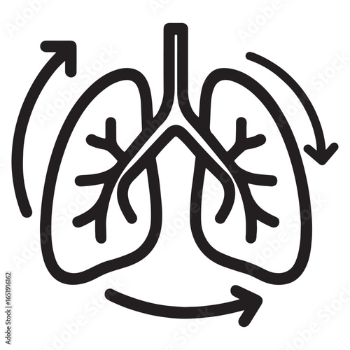 Black outline of human lungs with circular arrows indicating airflow respiratory system breathing