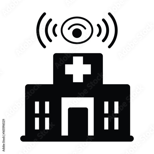 Black silhouette of a hospital building with a Wi- Fi signal icon medical healthcare