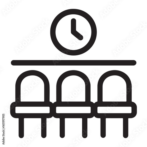 Simple black line art icon of three empty seats and a clock waiting room chairs
