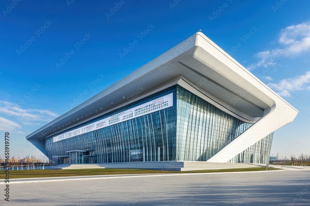Obraz premium Contemporary white conference center with blue sky 